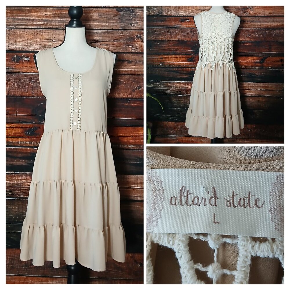 Altar'd State Dress L Tiered Tan White Sheer Crochet Back Fairy